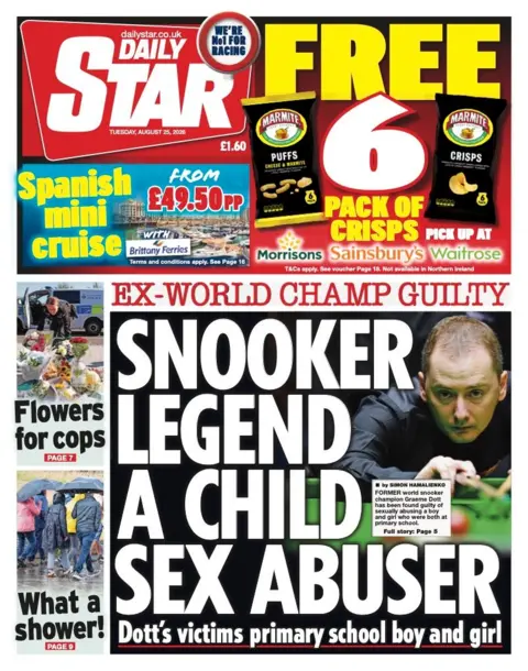 The headline on the front page of the Daily Star reads: “Snooker legend a child sex abuser".