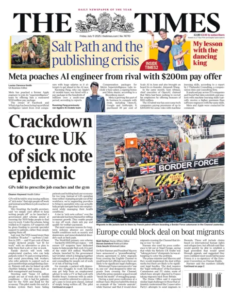 The Times headline reads: "Crackdown to cure UK of sick note epidemic"