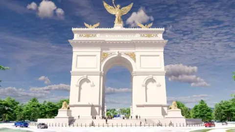 An image of what the Triumphal Arch would look like, in white marble and gold statues against a blue sky.