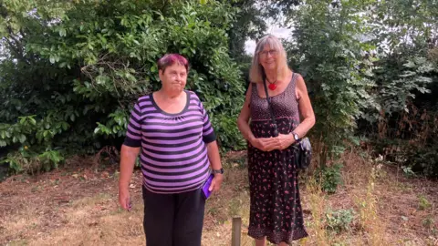 Two women are standing in front of a large oak tree - one lady is wearing a purple and black striped top, and another lady is wearing a red and black dress.