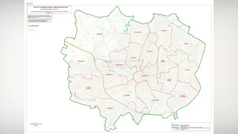 LGBCE This map of Coventry shows the new boundaries for Coventry City Council elections from 2026. It is illustrated with a green boundary showing the city limits and red lines to show the new wards. The ward names appear in red writing.