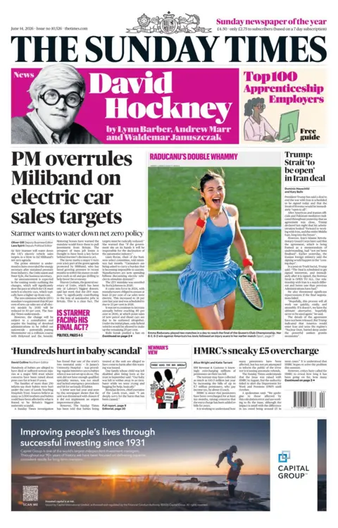 The headline on the front page of the Sunday Times reads: "PM overrules Miliband on electric car sales targets."