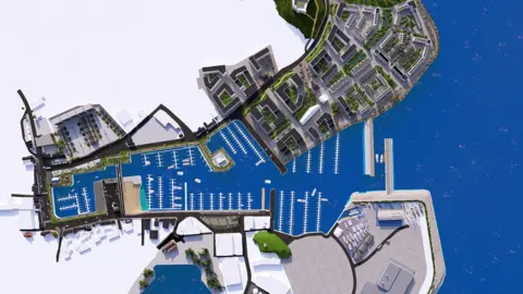The Guernsey Development Agency masterplan for The Bridge. A development which shows infilled land at Black Rock, a number of housing units and blue sea around The Bridge. 