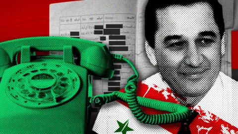 A designed image showing a landline telephone, Hussam Luka and the phone book, in red, white and green - the colours of the Syrian flag 