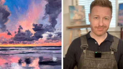 Tomasz Schafernaker on right side, and painting of cloudy sunset on beach on left side