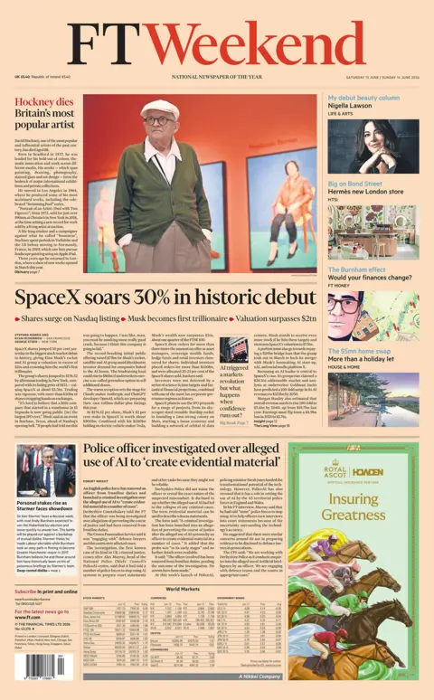 The headline of the Financial Times reads: "SpaceX soars 30% in historic debut."
