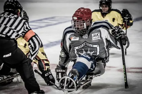 Peter Best Mark Briggs wears a bespoke ice skate during a match for the Sheffield Steelkings