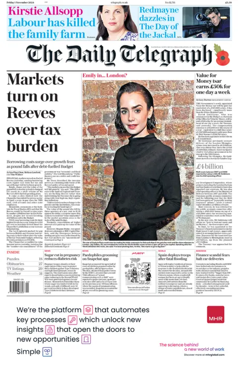 The headline in the Telegraph reads: "Markets turn on Reeves over tax burden". 