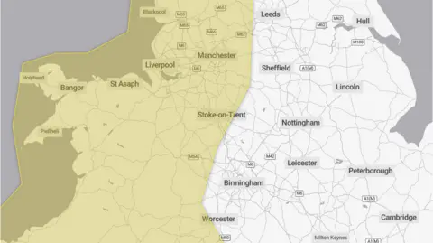 A screen grab of a map showing a yellow highlighted area, which indicates that west of Birmingham and across Wales will be hit by strong winds