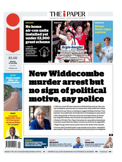 "New Widdecombe murder arrest but no sign of political motive, say police" reads the headline on the front page of The i Paper.