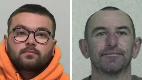 A composite image of Liam Clarke and Michael McHugh. On the left, Clarke is wearing a bright orange hoodie and looking blankly into the camera. He has short black hair and a beard, and is wearing black glasses. On the right, McHugh is smiling slightly at the camera. He has very short black hair and stubble.