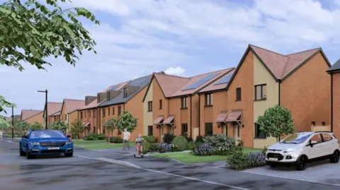 Artist's impression of what the estate will look like. There are new homes on one side with cars parked outside front lawns.