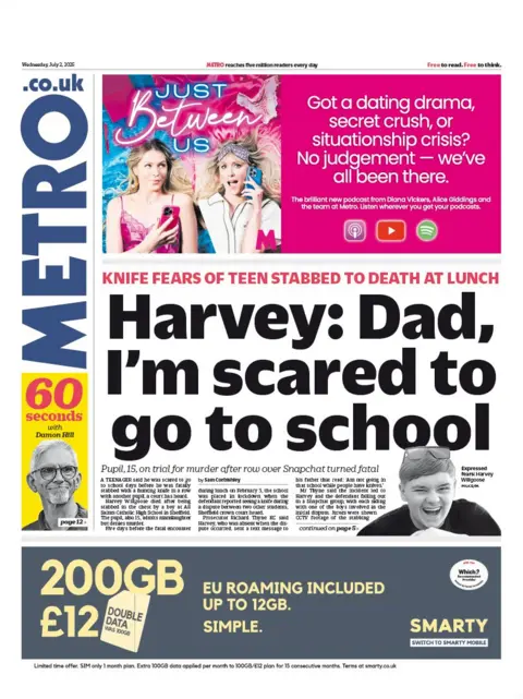 "Harvey: Dad I'm scared to go to school" reads the headline on the front page of Metro.
