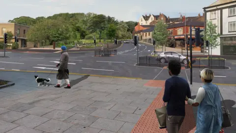 Cumberland Council A computer-generated image of the improvement works to Workington town. In the foreground, a couple walk towards a junction in the road with a pedestrian crossing. Just ahead of them, a man is walking a dog on the pavement. On the opposite side of the road, there is a tree-lined section of park land and people sitting on benches.