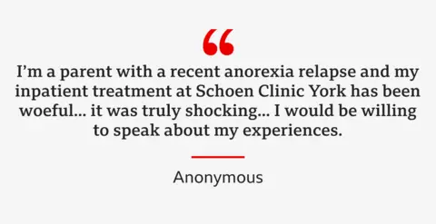  "I'm a parent with a recent anorexia relapse and my inpatient treatment at Schoen Clinic York has been woeful... it was truly shocking... I would be willing to speak about my experiences." 