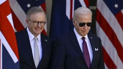 Getty Images Albanese and Biden walk in front of flags