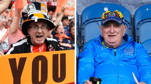 Two pictures of football fans next to one another. On the left is a Luton Town fan behind a banner and in a crowd and on the right is a Stockport County fan. Both are wearing hats of their respective clubs.