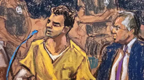 REUTERS/Jane Rosenberg Court sketch shows Luigi Mangione in a yellow, prison uniform next to his attorney in a blue suit and purple tie. They are sitting at a table with police drawn behind them. 