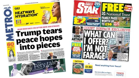 A composite of the front pages of the Metro and the Daily Star on 9 July 2026.