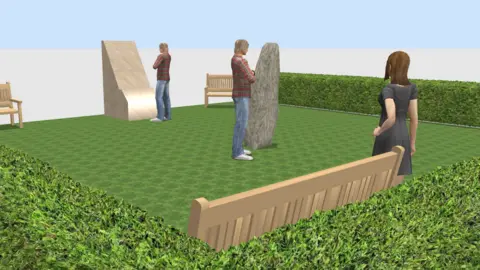 Royal British Legion CGI image of three people in a garden, bordered by a hedge and containing several wooden benches, in its corners, and a big monument with a plaque on it