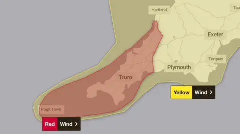Met Office A picture of the weather warnings in place across Devon and Cornwall. There is a large red weather warning covering a majority of Cornwall, with a yellow warning all over Devon.