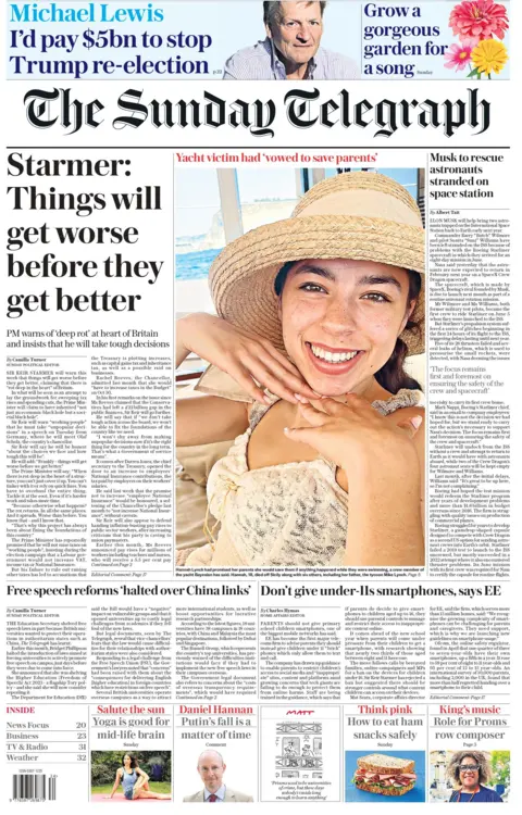 The gist of Sir Keir's speech will be "things will get worse before they get better," according to The Telegraph, who says the PM is laying the ground work for sweeping tax rises and spending cuts. The front page carries a photo of Hannah Lynch, 18, who died while holidaying on a yacht that sank off the coast off Sicily, along with her tech tycoon father Mike Lynch and five other people. Elsewhere on the front, Elon Musk is expected to help rescue two astronauts, currently trapped on the International Space station, back to earth next year, while EE mobile network warns parents not to give primary school children smartphones. 