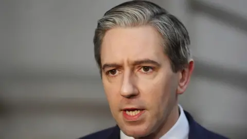 PA Media Simon Harris has salt and pepper hair in a side parting and is wearing a dark suit. He has brown eyes and has his mouth slight open in the picture