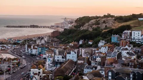 A view across Hastings and Hastings seafront.
