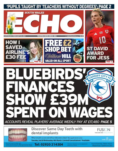 South Wales Echo The front page of South Wales Echo. Main headline reads: 'Bluebirds' finances show £39M spent on wages'