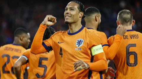 Virgil van Dijk reacts after a goal by the Netherlands