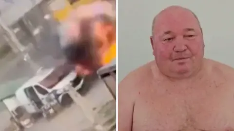 A shirtless man in a split screen with an explosion