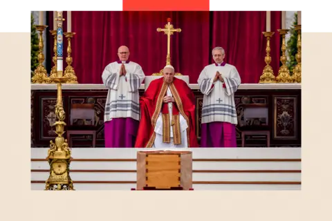 Getty Images Pope Francis attends the funerary mass of Future Pope Bindek 16 in ST PEER Square on January 5, 2023 in the Vatican city
