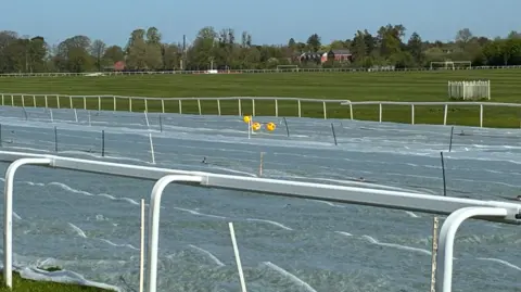 BBC Grey covers on the racecourse, in the bottom half and middle, dominate the photo. A large area of grass is behind those and trees, going from left to right, are further back on the image.