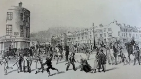 WMLS archive/ The Illustrated London News 1842 A scene showing brawls and police horses in a black and white drawing.