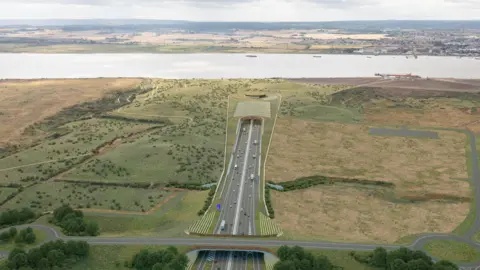 NATIONAL HIGHWAYS An artist's impression of the Lower Thames Crossing built through the Kent countryside, with the Thames Estuary and Essex on the horizon.