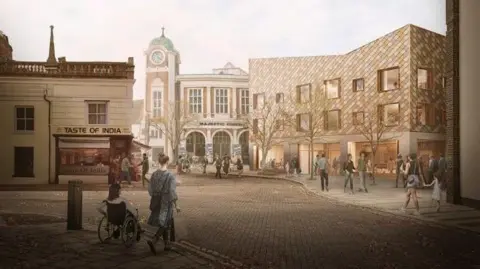 Norfolk County Council An artist's impression of how the King's Lynn library will look once it is complete. The three story building is clad in diamond shaped tiles and has lots of large windows. Behind it is the Majestic cinema.