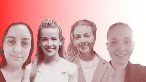 A bespoke image of four women against a red background. 