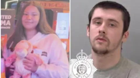 Composite image of, on the left, a girl with long brown hair, wearing a white sweatshirt and holding a cuddly toy and, on the right, a man with short dark hair, beard and moustache in a police mugshot.