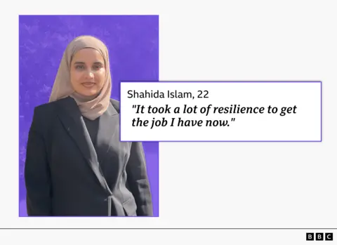 Graphic with cutout of Shahida alongside a quote that reads: "It took a lot of resilience to get the job I have now."