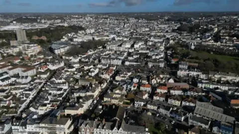 Streets, houses and rooftops in Jersey as seen from above