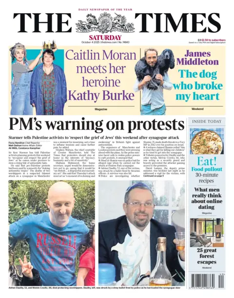 "PM's warning on protests" reads the headline on the front page of The Times.