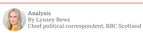 Byline strap for Lynsey Bews, chief political correspondent for BBC Scotland. It includes a picture of Lynsey on the left - she has long blonde hair and is wearing a yellow blouse.