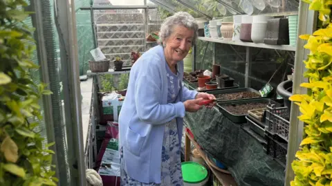Ann Lush Ann Lush stood in her greenhouse. She is an elderly woman wearing a blue and white floral dress, with a matching blue cardigan. She is smiling at the camera