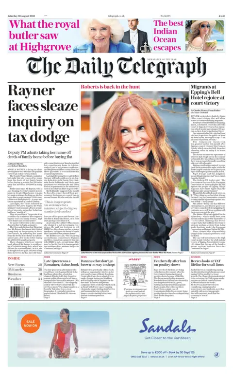 The headline on the front page of the Daily Telegraph reads: "Rayner faces sleaze inquiry on tax dodge".