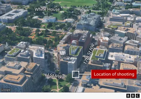 A BBC 3D map showing the location of Wednesday's shooting on the corner of 17th St NW and I ST NW in Washington DC. The location of the White House nearby is also marked