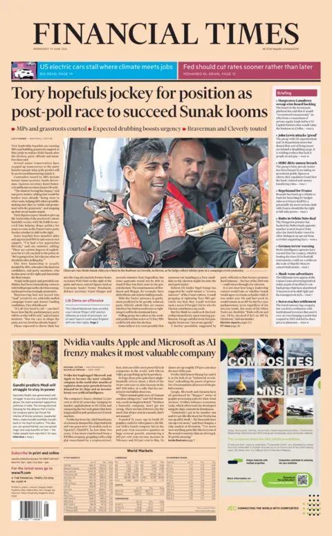 Financial Times The front page of the Financial Times, with the main headline reading "Tory hopefuls jockey for position as post-poll race to succeed Sunak looms"