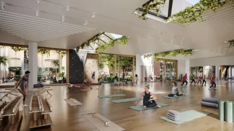 Gloucester City Council An architect's visualisation showing a performance space with people on exercise mats, a woman stretching her legs, and a group doing an exercise class.