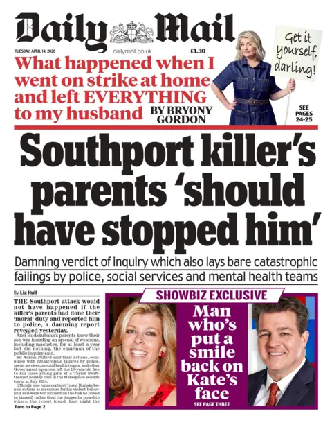 "Southport killer's parents 'should have stopped him'," reads the headline on the front page of the Daily Mail.