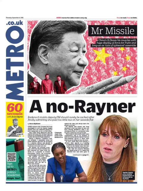 The headline on the front page of the Metro reads: "A no-Rayner".