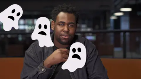 Reporter Terel Edmunds surrounded by ghost emojis